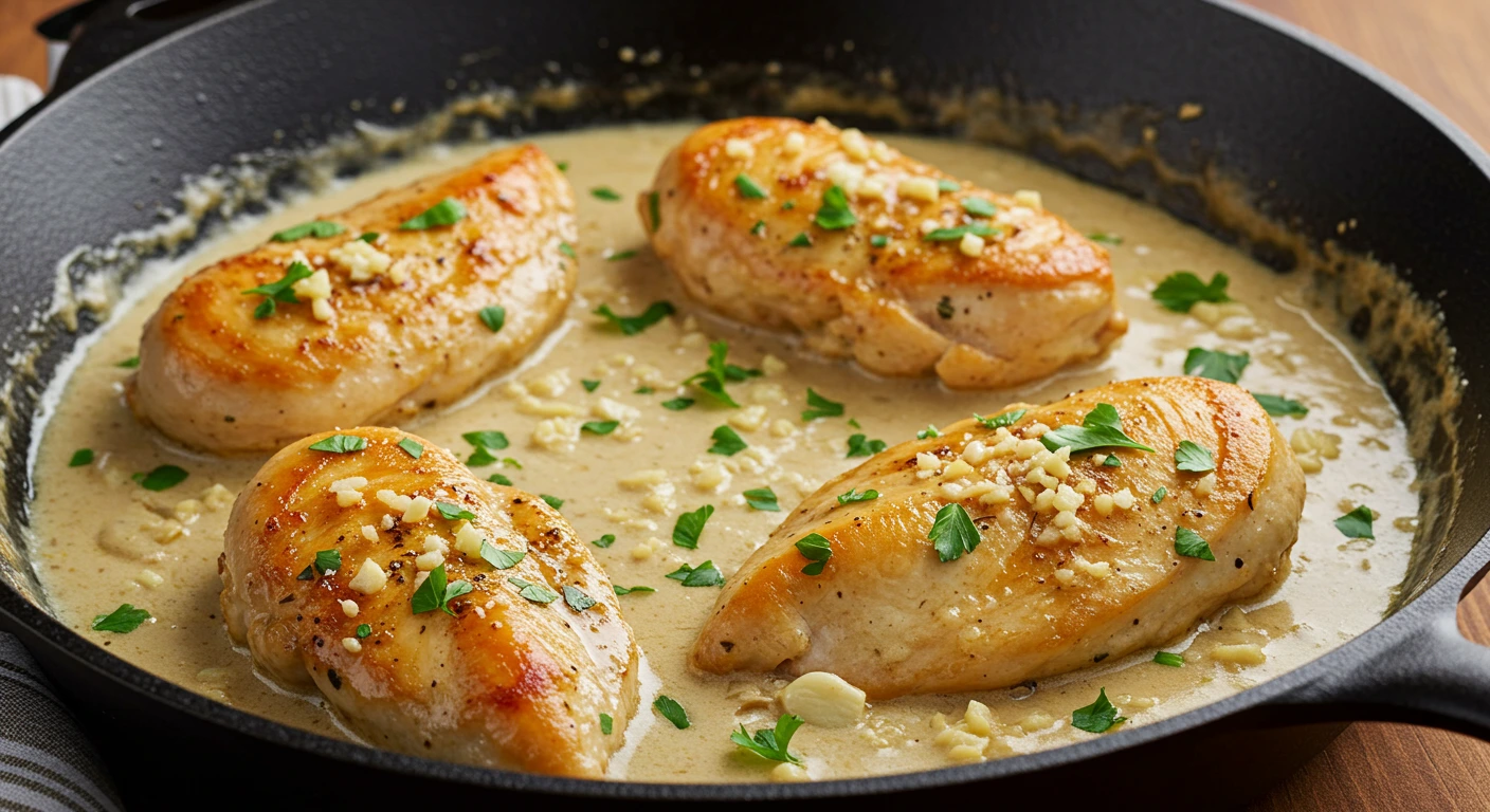 Creamy Garlic Herb Chicken in a skillet with fresh parsley