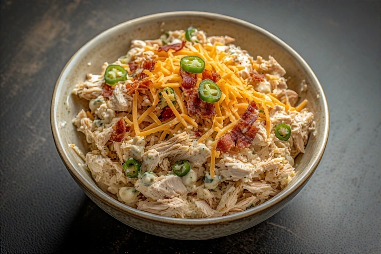 Close-up overhead view of a beige bowl filled with creamy Jalapeno Popper Chicken Salad, featuring shredded chicken, cheddar cheese, crispy bacon, and jalapeno slices on a mottled brownish-gray background.