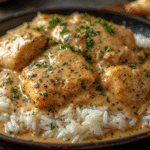 Creamy One-Pan Chicken and Rice Skillet with golden chicken and fluffy rice