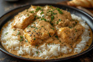 Creamy One-Pan Chicken and Rice Skillet with golden chicken and fluffy rice