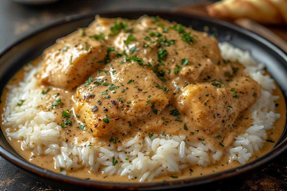 Creamy One-Pan Chicken and Rice Skillet with golden chicken and fluffy rice