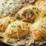 Creamy Skillet Chicken with Mushrooms and Cheese served over rice in a rustic pan