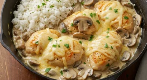 Creamy Skillet Chicken with Mushrooms and Cheese served over rice in a rustic pan