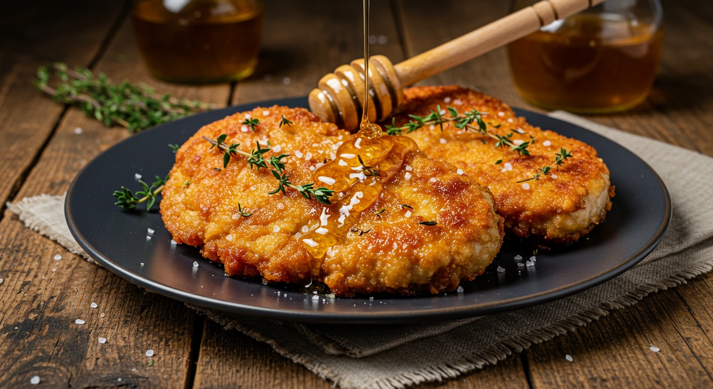 Crispy Baked Hot Honey Chicken served on a plate with fresh thyme
