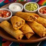 Crispy Chicken Chimichangas served with salsa and guacamole