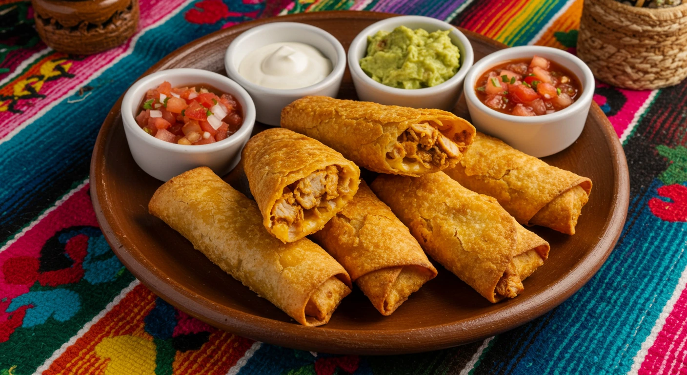 Crispy Chicken Chimichangas served with salsa and guacamole