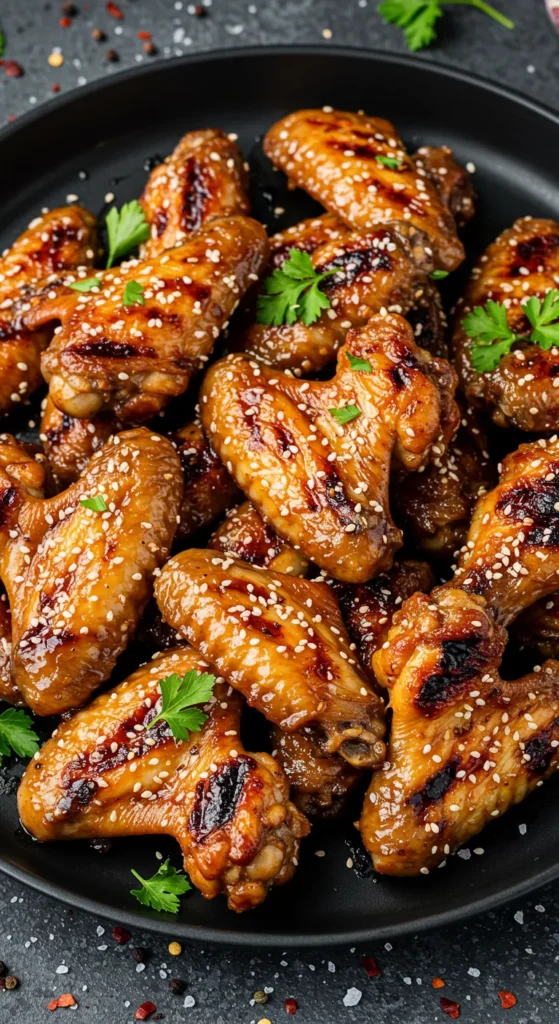 Golden crispy chicken wings glazed and garnished with parsley on a dark background