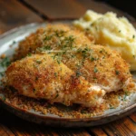Crispy Parmesan Crusted Chicken served with melted cheese and golden breadcrumbs