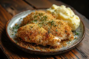Crispy Parmesan Crusted Chicken served with melted cheese and golden breadcrumbs
