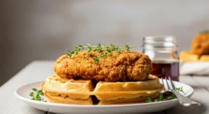 Southern Fried Chicken and Waffles served with maple syrup and chives
