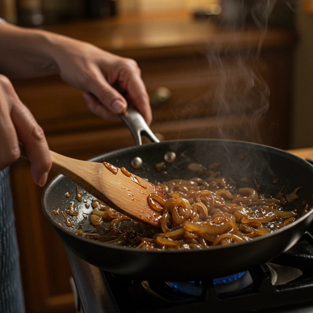 Woman stirring caramelized onions in a skillet