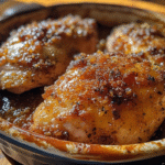 Brown Sugar Garlic Chicken baked in a dish with a rich sauce