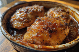 Brown Sugar Garlic Chicken baked in a dish with a rich sauce