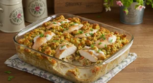 Coconut milk and boneless chicken breasts in stove top stuffing bake