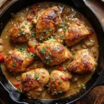 Smothered Chicken and Gravy served in a cast iron skillet