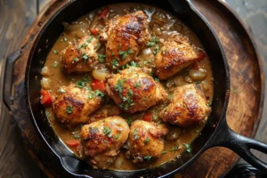 Smothered Chicken and Gravy served in a cast iron skillet