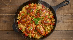 Sweet and smoky Honey BBQ Chicken Rice in a skillet