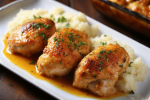 Easy Honey Dijon Baked Chicken plated with roasted vegetables