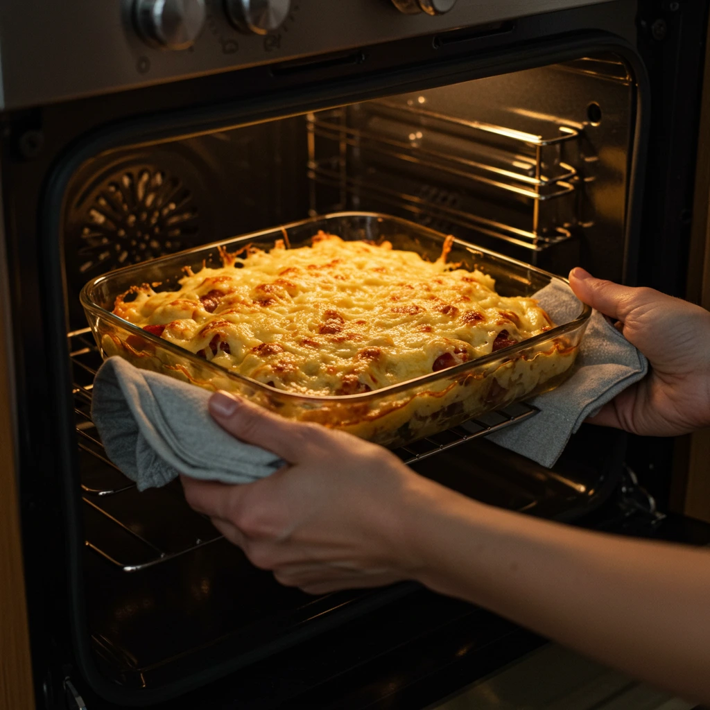 Woman spreading cheese-topped spaghetti casserole in baking dish