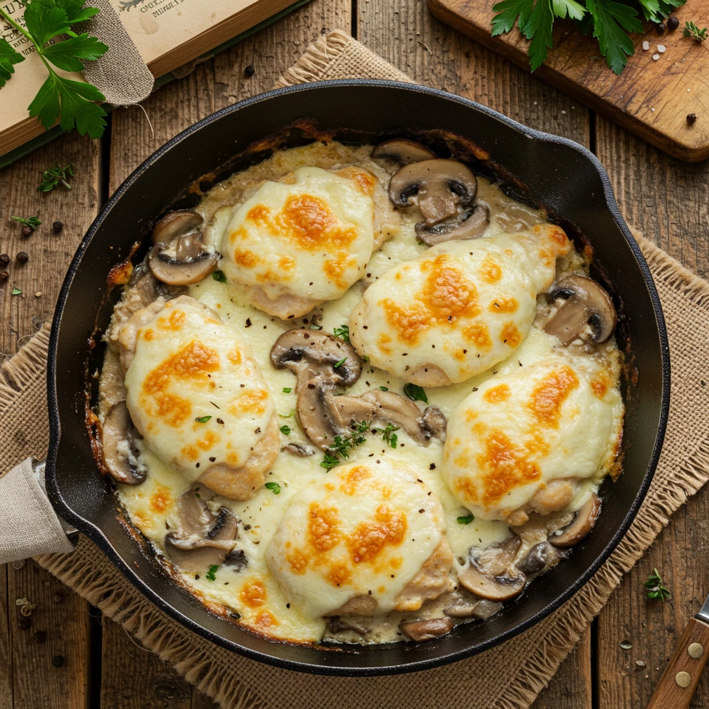 Mozzarella melting over skillet chicken