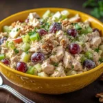 Chicken Waldorf salad with grapes, apples, celery, and walnuts served in a yellow bowl on a wooden surface