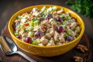 Chicken Waldorf salad with grapes, apples, celery, and walnuts served in a yellow bowl on a wooden surface