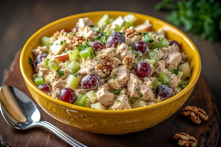 Chicken Waldorf salad with grapes, apples, celery, and walnuts served in a yellow bowl on a wooden surface