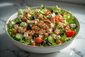 Close-up of a vibrant Greek salad with diced grilled chicken, romaine lettuce, tomatoes, cucumbers, olives, and feta cheese