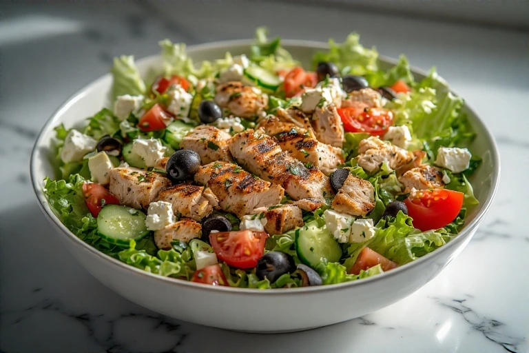 Close-up of a vibrant Greek salad with diced grilled chicken, romaine lettuce, tomatoes, cucumbers, olives, and feta cheese
