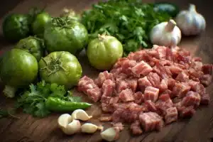 Fresh ingredients for carne en su jugo laid out on a kitchen counter