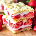 Close-up of two strawberry shortcake bars stacked, showing whipped cream and bright strawberry filling with whole berries, on a wooden plate.
