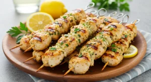 Juicy Garlic Parmesan Chicken Skewers grilled to perfection
