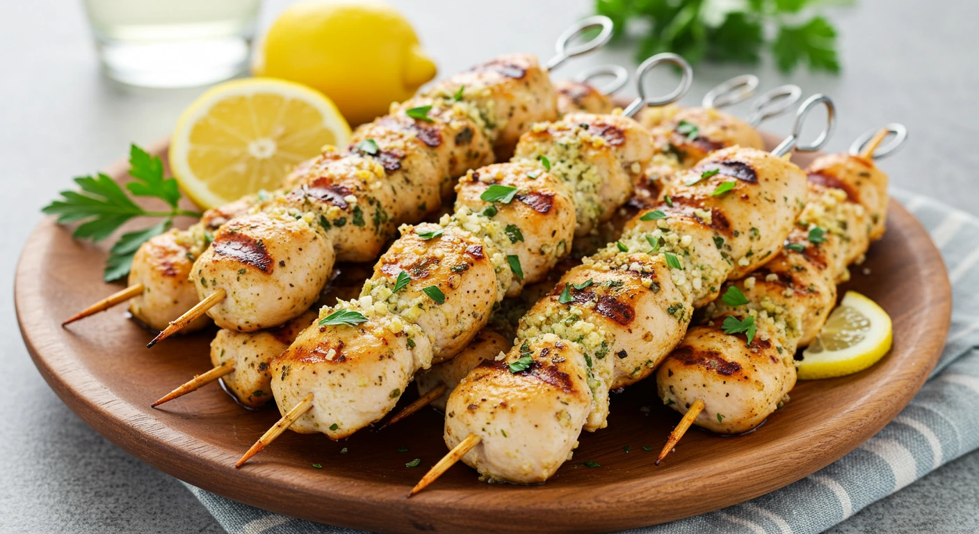Juicy Garlic Parmesan Chicken Skewers grilled to perfection