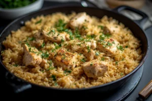 Garlic Parmesan Chicken and Rice cooked in one pan