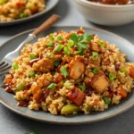 Fluffed BBQ rice with green onions and parsley