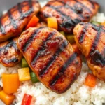 Close-up of grilled chicken breasts with a dark glaze, served on white rice with colorful bell peppers and onions in a gray bowl