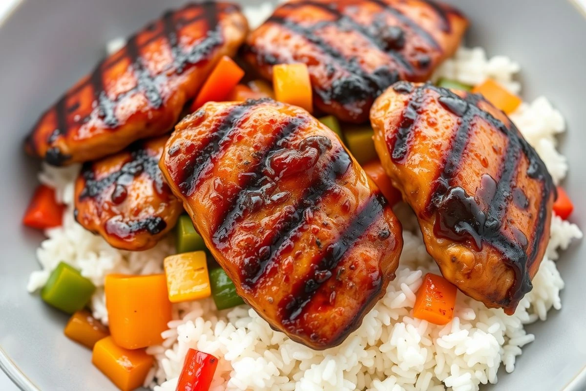 Close-up of grilled chicken breasts with a dark glaze, served on white rice with colorful bell peppers and onions in a gray bowl