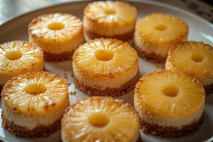 Mini cheesecakes with caramel-glazed pineapple slices and creamy filling on a platter