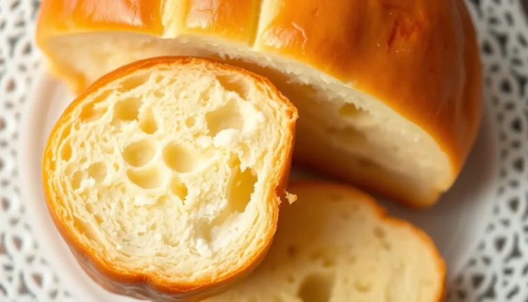 Close-up of sliced golden-yellow brioche loaf showing soft, airy crumb and glossy glaze on white lace plate