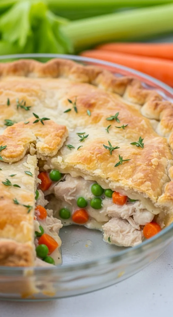 Glass pie dish holding golden chicken pot pie with slice removed, exposing creamy filling with peas, carrots, and chicken