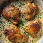 Close-up of cooked chicken thighs with crispy skin in a creamy sauce with red onions and parsley in a round pot