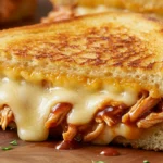 Close-up of BBQ chicken grilled cheese sandwich with melted cheese and toasted golden bread on a wooden board