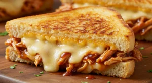 Close-up of BBQ chicken grilled cheese sandwich with melted cheese and toasted golden bread on a wooden board