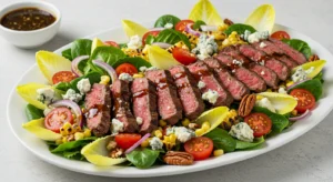 Overhead view of a balsamic steak salad with Gorgonzola cheese, grilled corn, cherry tomatoes, and red onions on a white platter