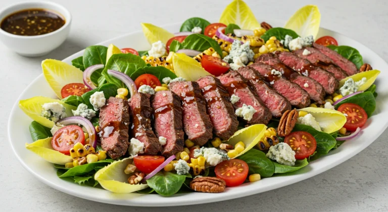 Overhead view of a balsamic steak salad with Gorgonzola cheese, grilled corn, cherry tomatoes, and red onions on a white platter