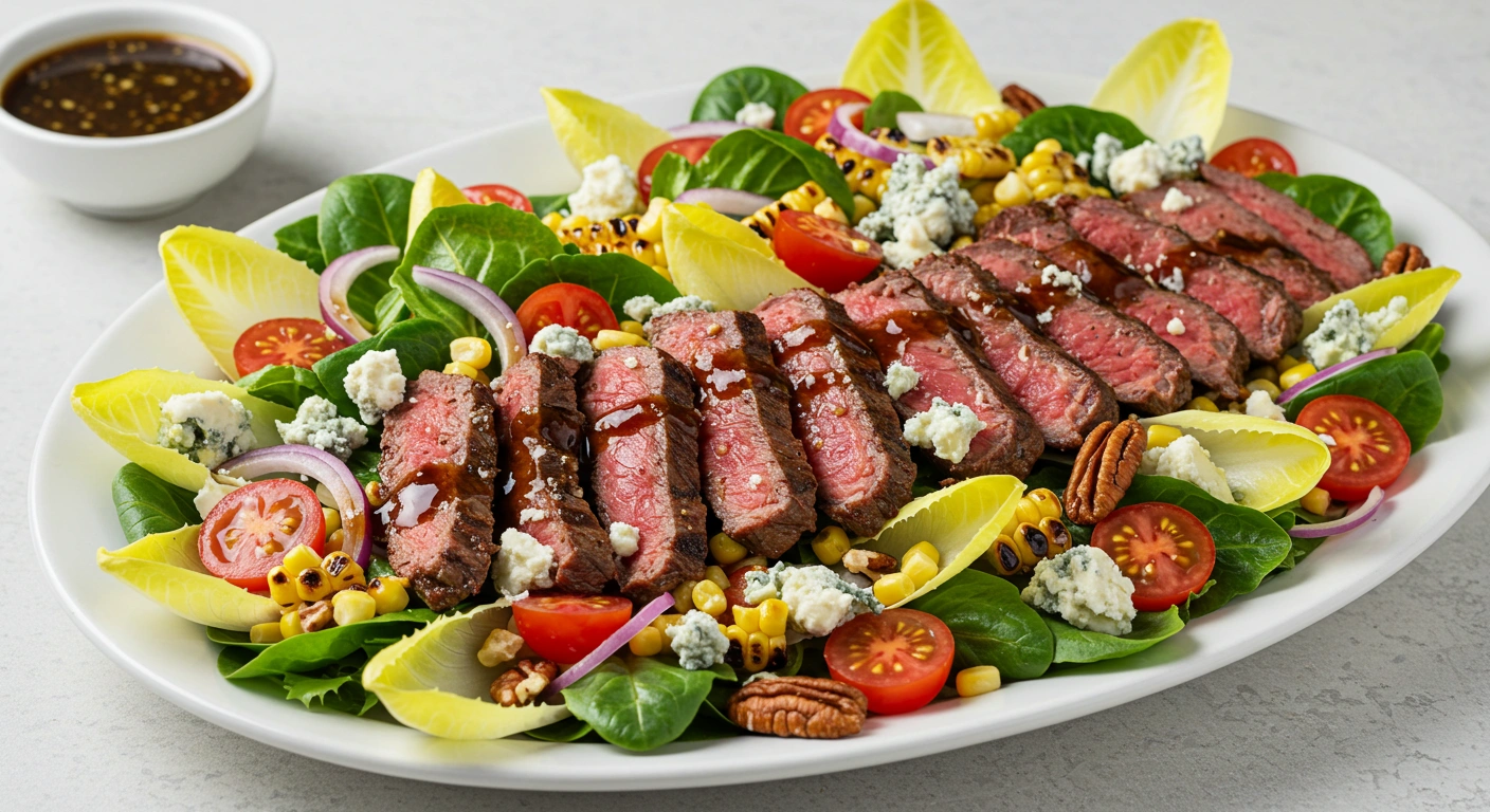 Overhead view of a balsamic steak salad with Gorgonzola cheese, grilled corn, cherry tomatoes, and red onions on a white platter