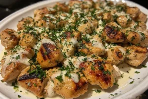 Grilled Chicken Bites with Creamy Garlic Dip beautifully plated on a rustic board