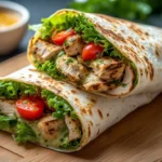 Close-up of stacked chicken wraps filled with grilled chicken, lettuce, cherry tomatoes, and green herbed sauce on a wooden board