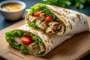Close-up of stacked chicken wraps filled with grilled chicken, lettuce, cherry tomatoes, and green herbed sauce on a wooden board