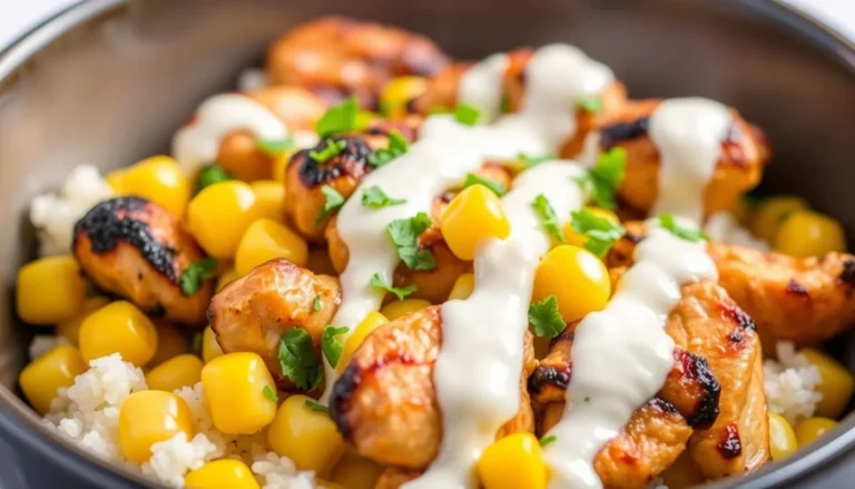 Close-up of grilled chicken and corn rice bowl topped with creamy sauce and parsley in a dark ceramic bowl